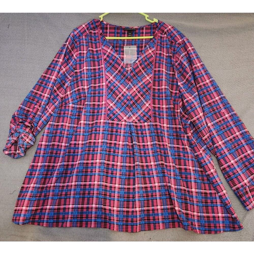 Lane Bryant Blouse Top Womens Sz 26 28 Blue Pink Plaid Long Roll Tab Sleeve NWT